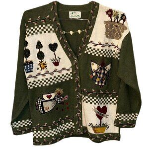 Vintage The Quaker Factory Cardigan Sweater Angles Hearts Knit Grandma Small